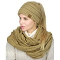 thumbnail image 4 of C.C BeanieTail Messy High Bun Cable Knit Beanie and Infinity Loop Scarf Set, Camel, 4 of 4