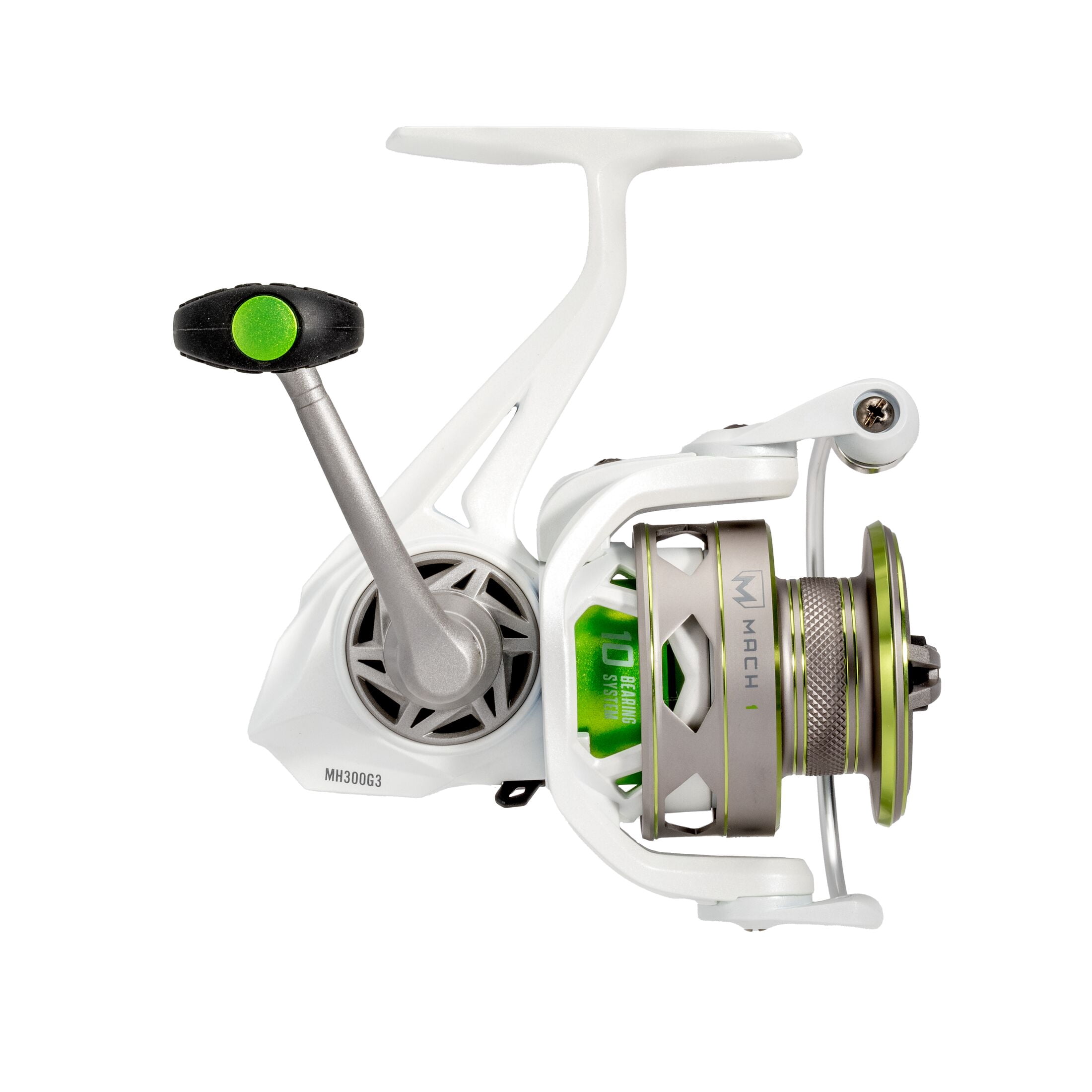 Lew’s MACH 1 Spinning Fishing Reel, Size 300 Reel, 9+1 Bearings, 6.2:1 Gear Ratio, Graphite Frame, Speed Gears, Speed Lube, Multi-Disc Drag, Metallic White/Gray/Green (Clam Packaging)