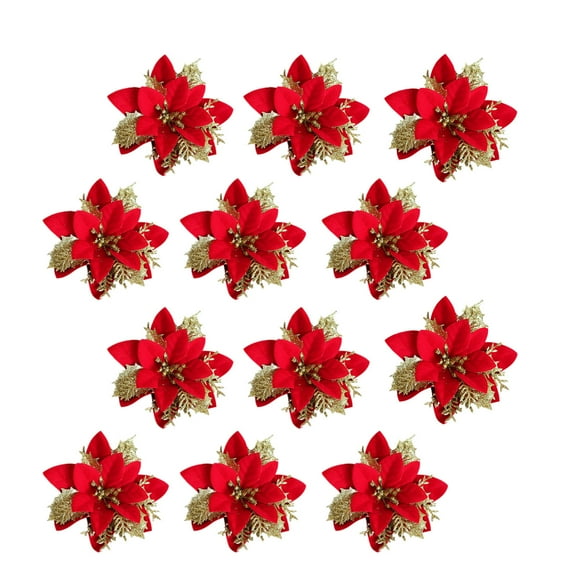 Artificial Christmas Flowers, 12 Piece 5.51inch Glitter Poinsettias Xmas Tree Decoration Ornaments, Red Gold Christmas Flower for DIY Wreath Garland Holiday Home Party Wedding New Year Decor