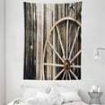 thumbnail image 1 of Barn Wood Wagon Wheel Tapestry, Wooden Barn Door and Vintage Rusty Wheel Rustic Home Farm, Wall Hanging for Bedroom Living Room Dorm Decor, 60W X 80L Inches, Black Pale Brown, by Ambesonne, 1 of 2