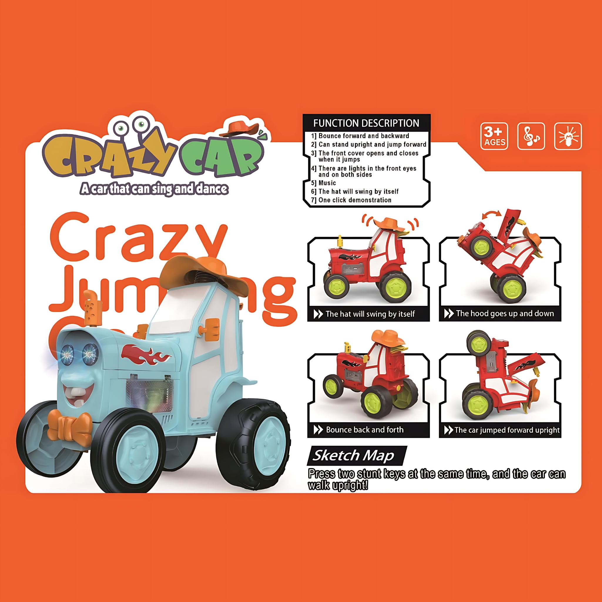 Remote Control Jumping Car, 2.4GHz RC Stunt Tractor Toy with Music and LED Lights, Rechargeable Dancing Car Gift for Kids Boys Girls, Ages 3