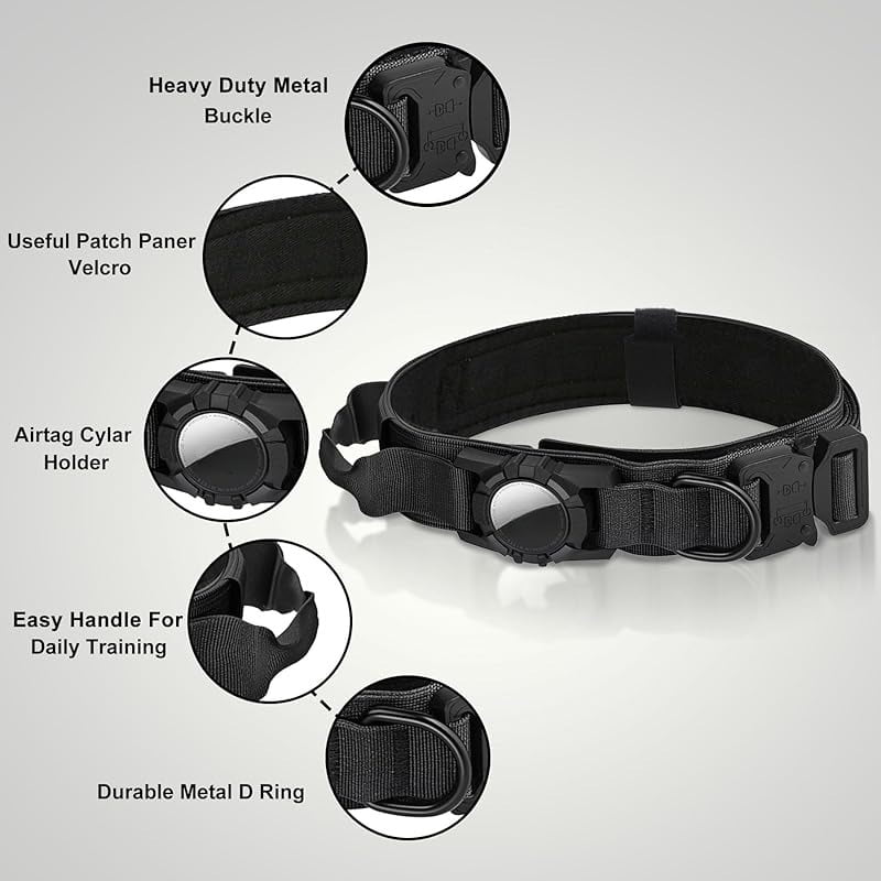 WAAYEE Tactical AirTag Dog Collar - Heavy Duty, Adjustable Collar Compatible with AirTag, with Control Handle for Medium/Large Dogs(Airtag Not Included)