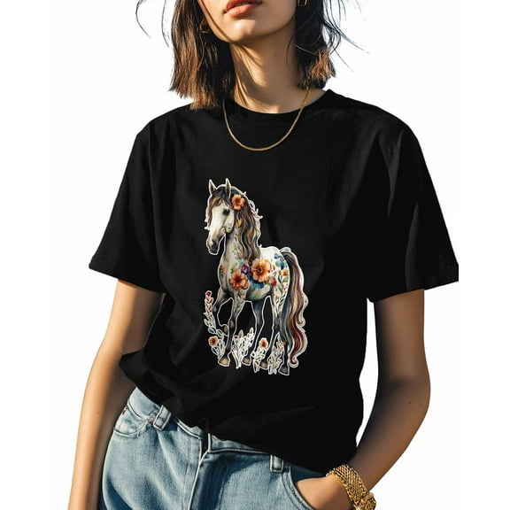 Horse Flower Womens Tshirt Graphic Tees Cotton Crew Neck T-Shirts, Casual Short Sleeve Shirts for Women Teen Girl