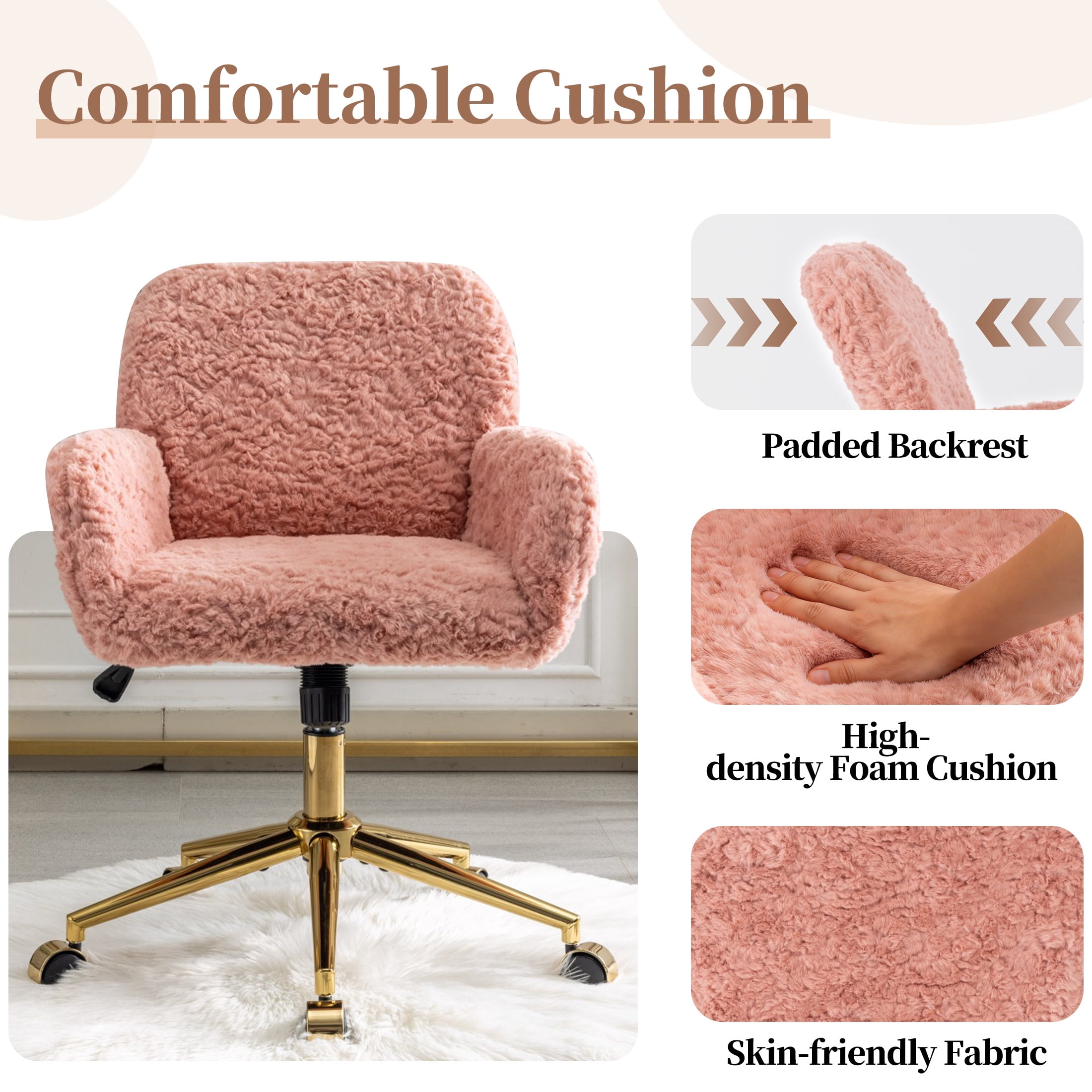 ENYOPRO Office Chair with Chrome Legs, Ergonomic Teddy Desk Chair Vanity Chair with Wheels, Modern Computer Chair for Home Office,Pink