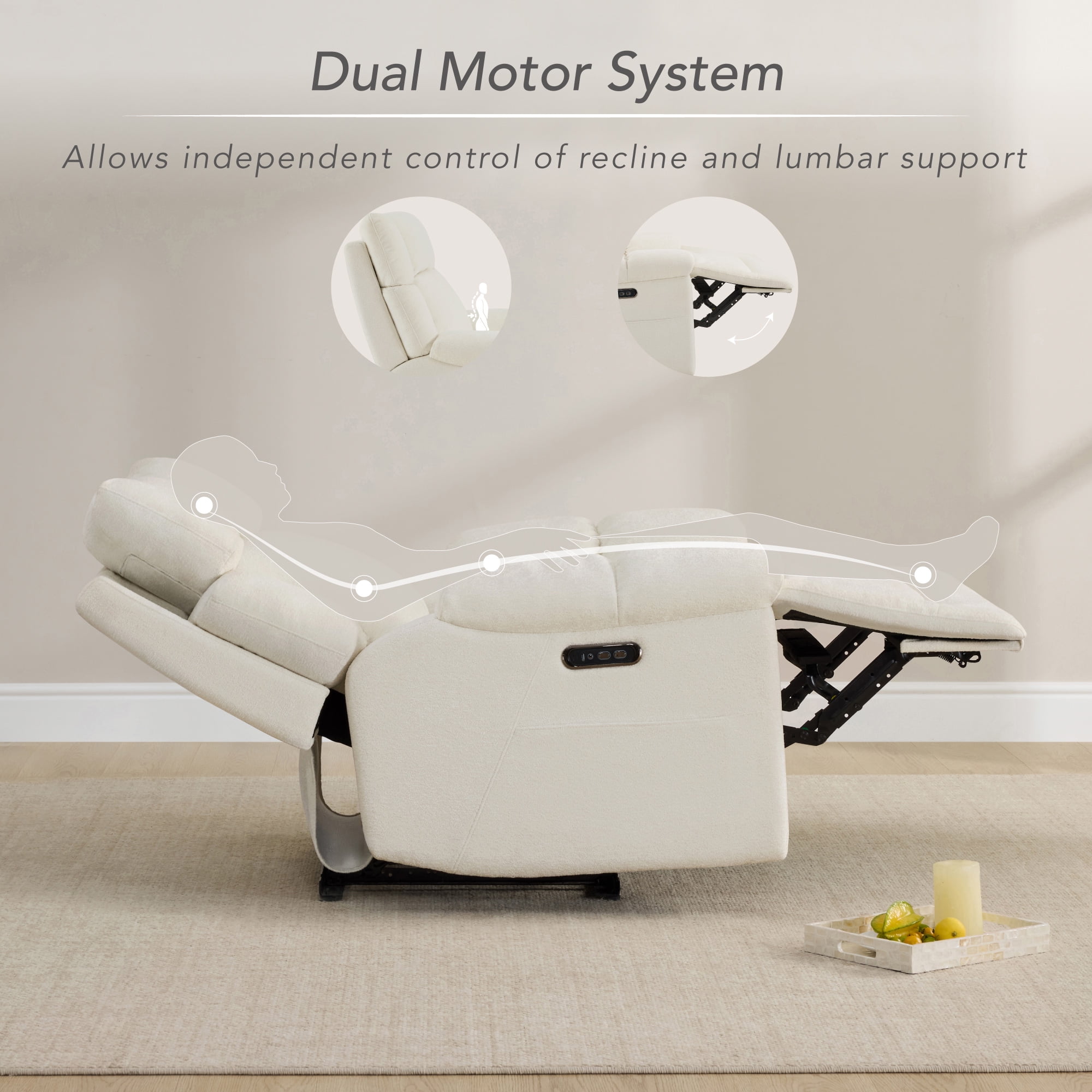 Spruce & Spring Power Lay Flat Recliner with Bluetooth Speakers & Lumbar Support, Cream