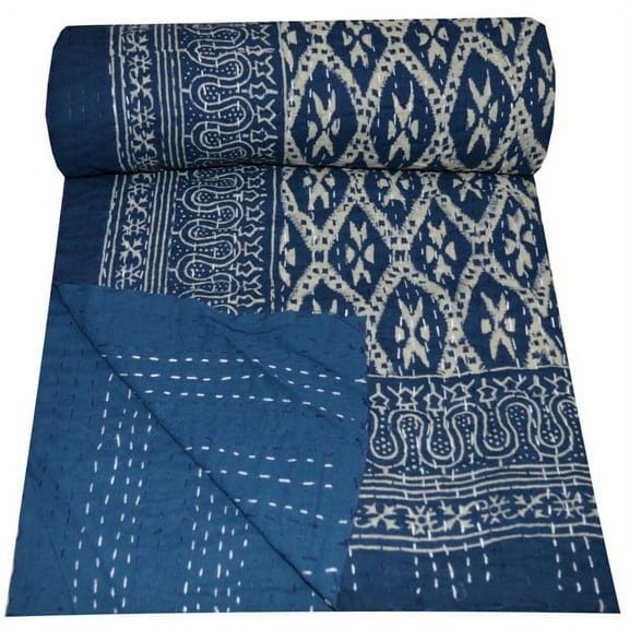 Indian Blue Ikat Print cotton kantha quilt Bedding throw sofa coverlet bedspread single size Handmade vintage blanket, 60 X 90 Inches
