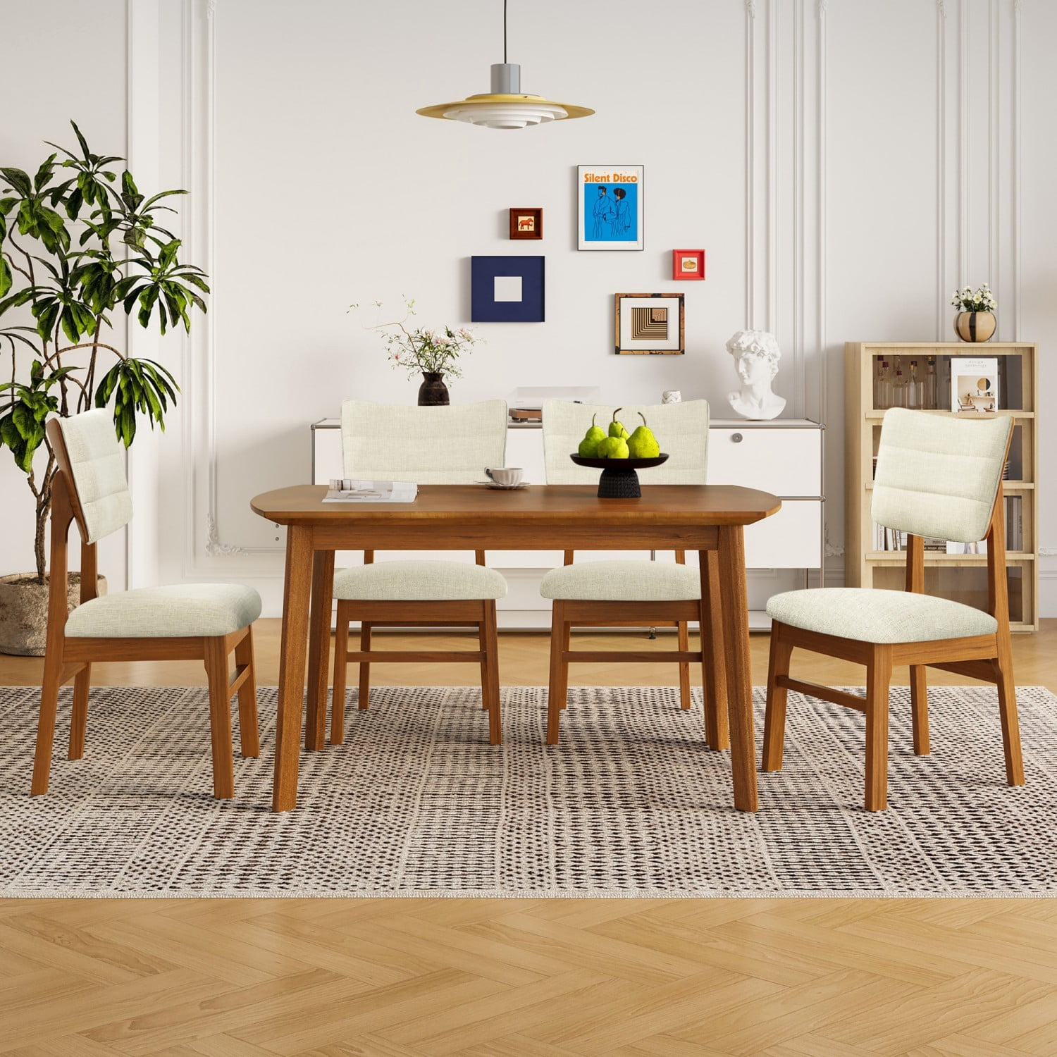 Farmhouse Dining Table Set for 4, Wood Kitchen Table with Upholstered Chairs, Rubberwood Frame, Padded Seats & Curved Backrests, Space-Saving Dinette Set for Dining Room, Brown & Beige