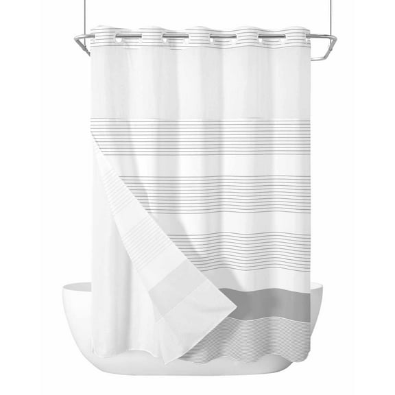 No Hook Cloth Fabric Shower Curtain with Snap in Liner, Grey Stripe Waterproof Shower Curtains Set with See Through Top Window, Modern Abstract Monochrome Geometric Bath Curtains Shower 72"x96"
