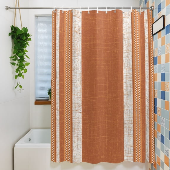 Shower Curtain, Burnt Orange Stripes Minimalist Waterproof Polyester Fabric Bath Curtain with Hooks for Bathroom Bathtub Stalls, Retro Linen 72x72IN