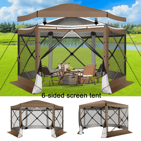 COBIZI 12'x12 Pop Up Gazebo 6-Sided Screen House Tent for Camping, Outdoor Instant Stargazing Gazebo Canopy with Awning 2.0, Portable Hub Tent with Netting, Screen Tent for Outdoor, Backyard, Brown