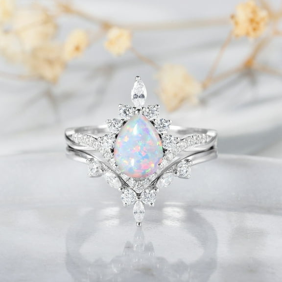 Pear Shaped White Opal Engagement Ring Set, 14k White Gold Plated Moissanite Cluster Promise Rings For Women, Fire Opal Anniversary Stacking Ring