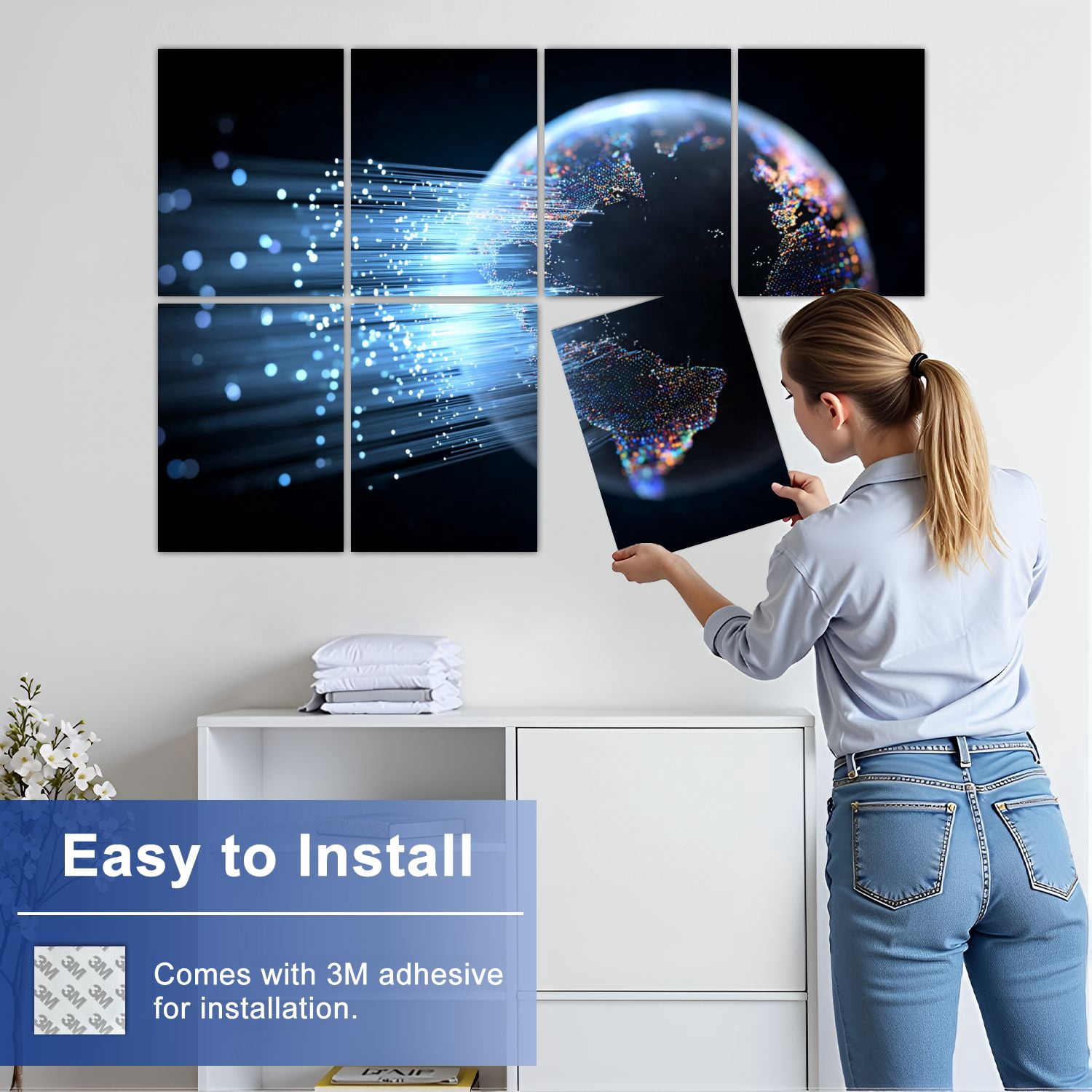 8 Pack Art Acoustic Panels Sound Absorbing Fiber optic cables around Earth Decorative Soundproof Wall Panels Self Adhesive for Nursery Game Room Bedroom 48"x32"