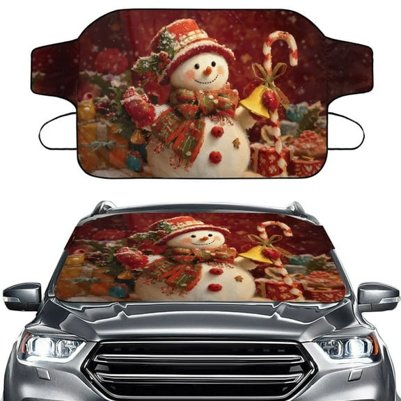 Xoenoiee Christmas Snowman Candy Gift Print Car Windshield Snow Cover, Windshield Cover for Ice and Snow, Windproof Sunshade Cover for Cars, Sedans and SUVs