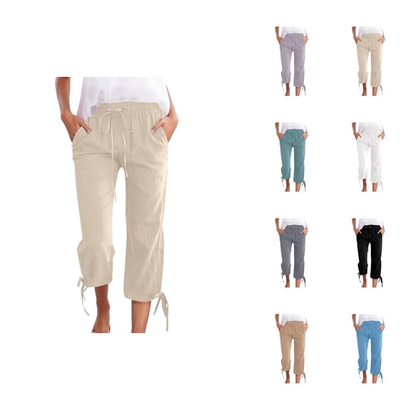 Cotton Linen Capri Pants for Women Spring Summer Elastic Waist Wide Straight Leg Loose Casual Capris with Pockets