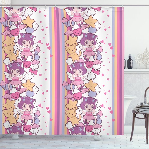 Ambesonne Cartoon Shower Curtain, Illustration Cats Clouds, 69"Wx70"L, Multicolor