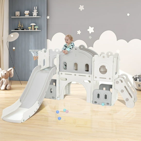 5 in 1 Slide Playset Structure, Freestanding Castle Climber with Slide and Basketball Hoop, Toy Storage Organizer for Toddlers, Kids Climbers Playhouse for Indoor Outdoor Playground Activity, White