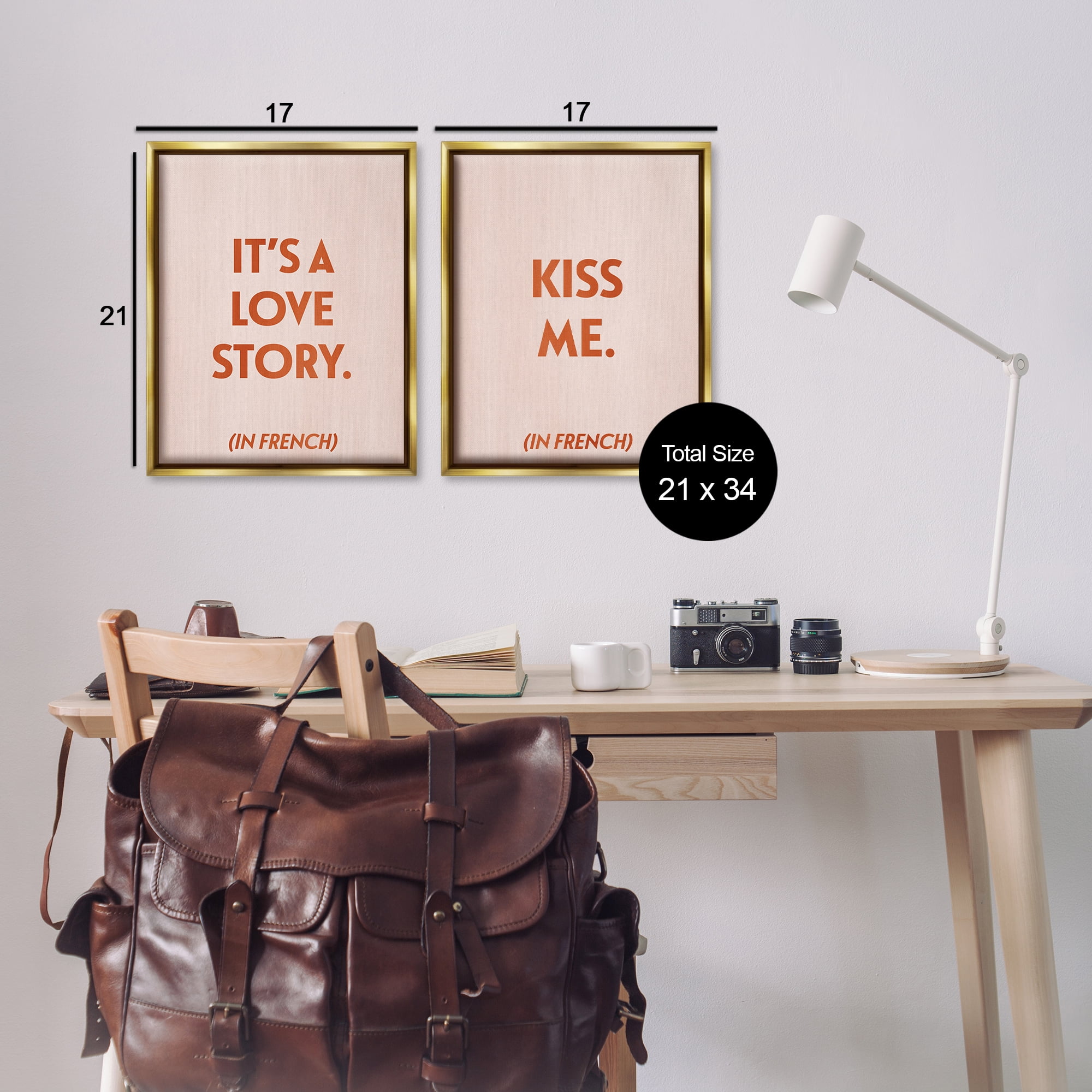 Stupell Industries Modern Love Story Kiss Text & Numbers Painting Gold Floater Framed Canvas Art Print Wall Art, 17 x 21, Set of 2