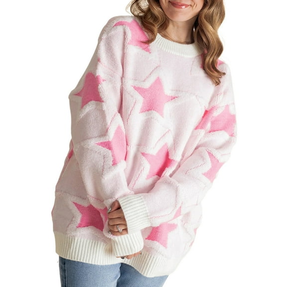 Women's Sachet Pink Oversized Star Pattern Sweater – Cozy Casual Winter Style for Daily Wear [ZhiHiMeRi] | L