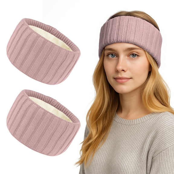 TOPTIE 2 Pcs Ear Muffs Headbands for Winter Women, Pink Knit Thick Ear Warmers Fleece Headband Lined Furry Cable Head Wrap