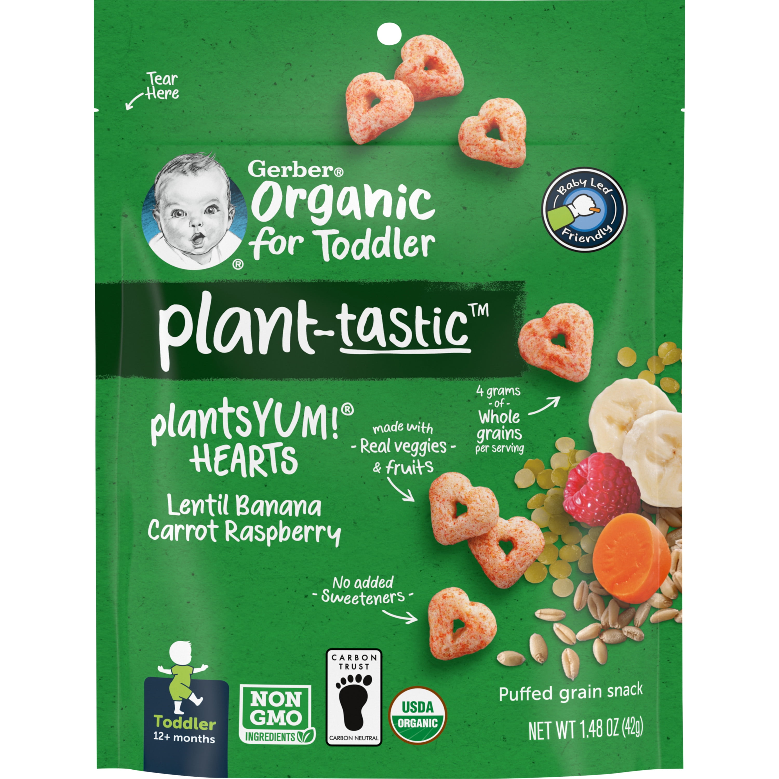 Gerber Organic Plant-tastic, Plants YUM Hearts Toddler Snacks, Lentil Banana Carrot Raspberry, 1.48 oz Bag