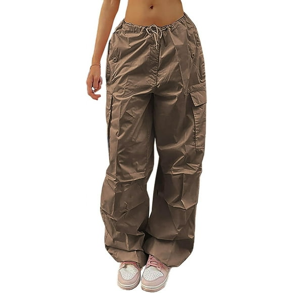 cy Pantalon de Parachute pour les Femmes Cordon Pantalon Cargo Baggy Y2K Pantalon Jogger Basse Montée Pantalons de Survêtement Hip Hop en Vrac un Moyen Kaki