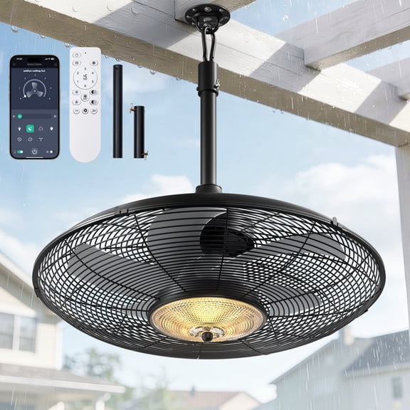 20" Outdoor Ceiling Fan with Light, IP65 Waterproof, Plug-In with Hook, Remote & App Control, 6 Speeds, 3CCT Dimmable, Caged Hanging Fan