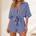 thumbnail image 6 of ClodeEU Women's Striped Notch Collar Button 3/4 Sleeve Romper with Belt,Casual Jumpsuit Shorts Blue,Womens Plus S, 6 of 6