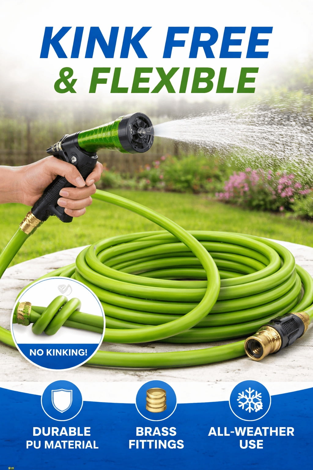 25 ft Coil Garden Hose with Spray Nozzle, PU Flexible Hose, Lightweight, Kink-Resistant