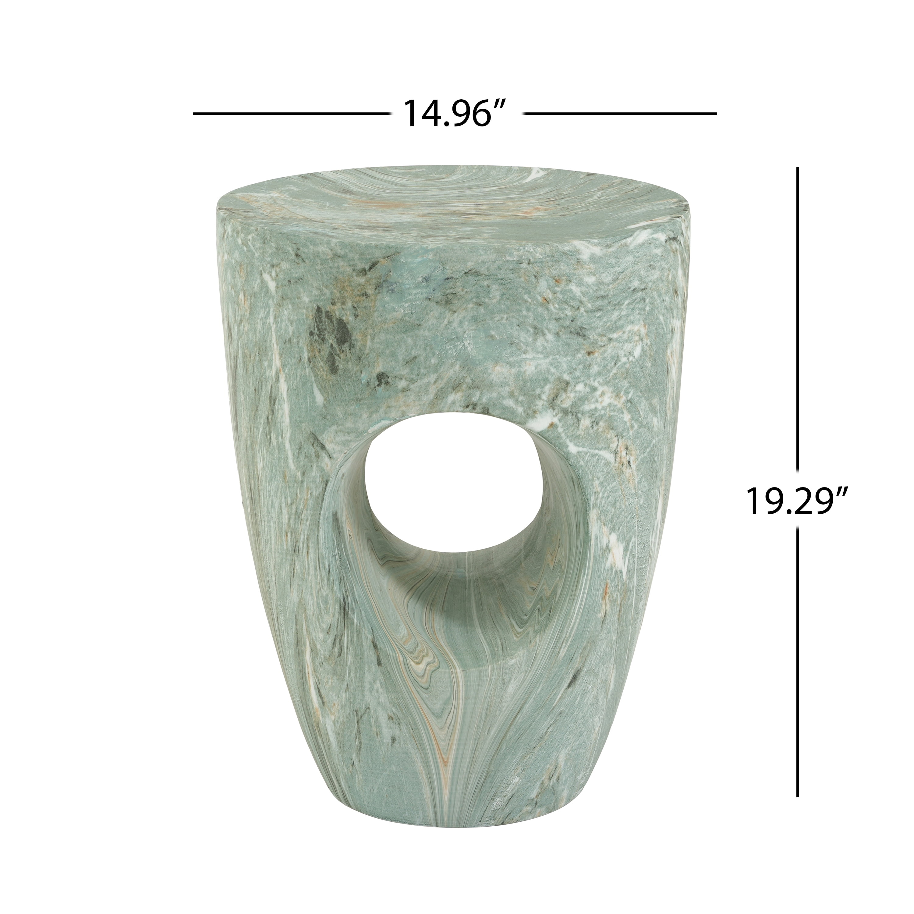 Round MGO Side Table 14.96 Inch, Faux Marble Outdoor Garden Stool and Indoor End Table, No Assembly Required, Green Marble
