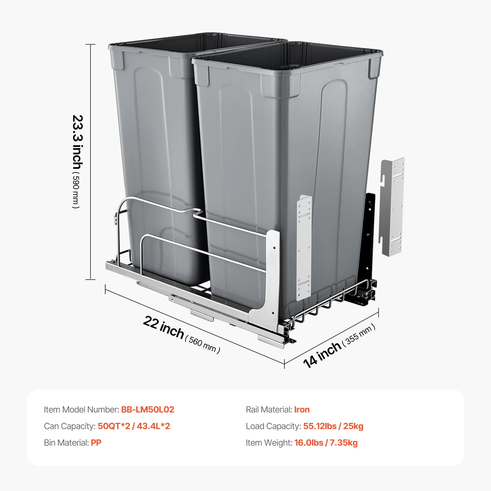 KFFKFF Pull-Out Trash Can, 50 QT x2 Double Under-Mount Kitchen Waste Containers, Durable Recycling Bin with Door Kit and Smooth Soft-Close Slides, Ideal for Cabinets, Sinks, and Under-Counter Spaces