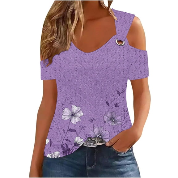 HomeDM Women's Cold Shoulder Shirts V Neck Short Sleeve T-Shirts Casual Loose Fit Floral Hollow Out Casual Tee Shirts S-2XL