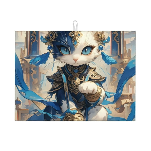 Fotbe Exotic Blue Cat Alfombrilla de Secado para Cocina con Estampado, 18x24 Pulgadas