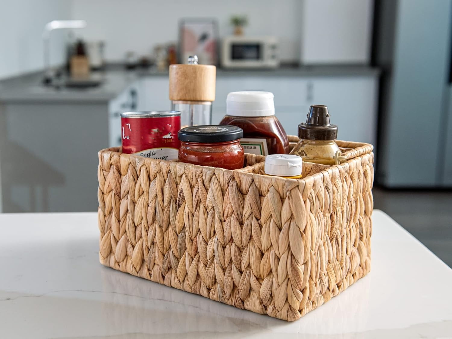 Woven Divided Cutlery Storage Organizer, Wicker Flatware Organizer,Rectangular Basket Holder for Kitchen Table, Cabinet, Pantry - Utensil Caddy for Forks, Knives, Spoons, 10 x 7.9 x 5.9 inches