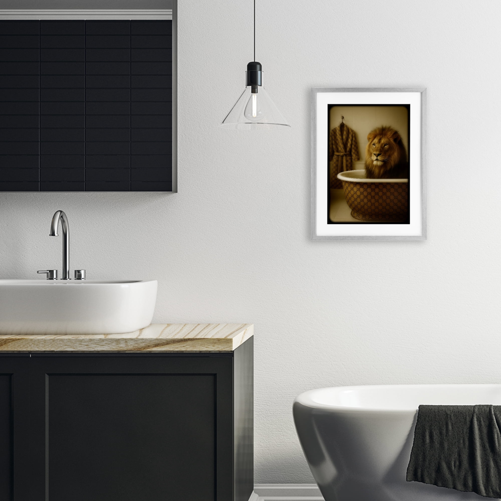 Stupell Industries Couture Lion in Luxury Tub Gray Framed Print Under Glass, design by Grotto Studios