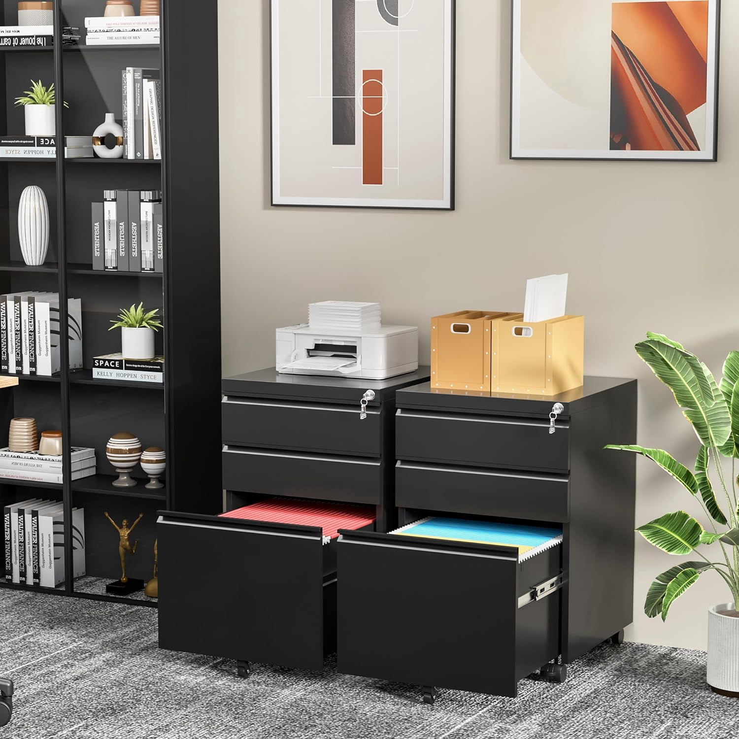 SOLAURA 3 Drawer Mobile File Cabinet with Lock & Wheels, Fully Assembled Rolling Filing Cabinet Except Casters, Under Desk Metal Storage for Office, Fits Legal/Letter/A4 Size(Assembled, Black)