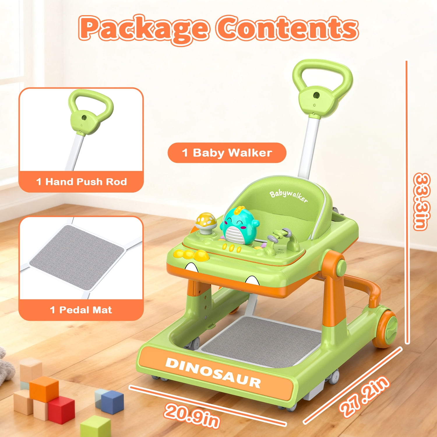 WonderStone Baby Walker, Adjustable Seat and Height, Music & Light, Dinosaur Walkers and Activity Center for Boys and Girls 6-24Months (Green)