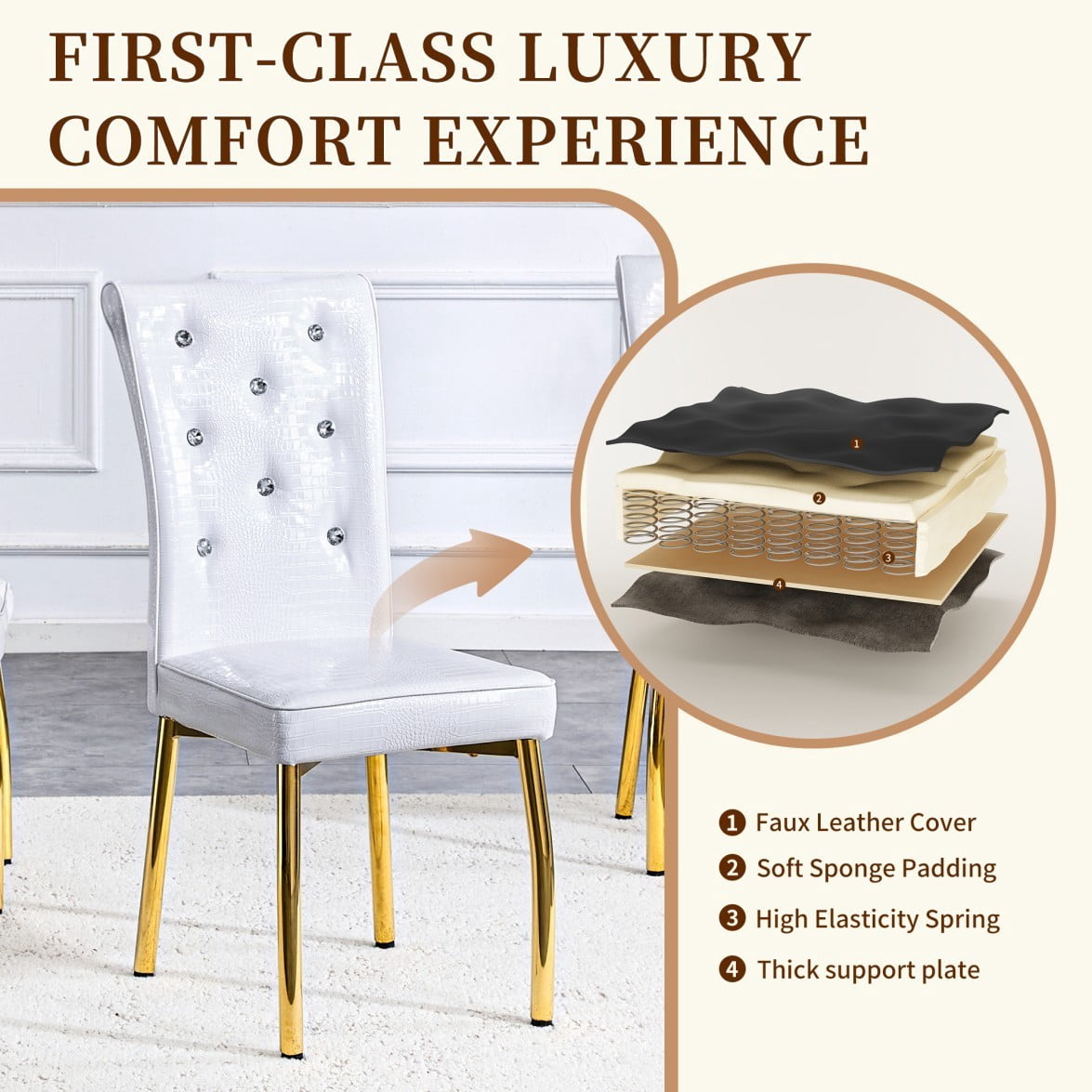 Set of 2 Retro Dining Chairs, Faux Alligator-Textured PVC Leather Upholstered Chairs with Crystal Button Details & G