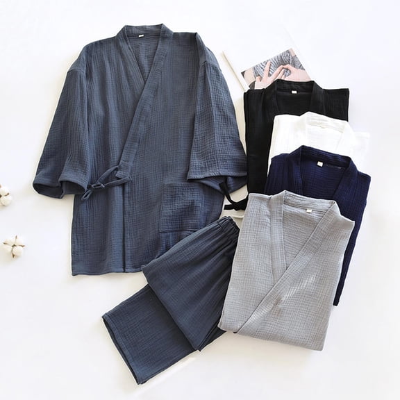 mihongmao 2 Pieces Sets Pajama Japanese Style Two-Piece Suit Cotton Bathrobe Loungwear Kimono Bathrobes Sleepwear Suit Set Sleepwear Pajama Casual Short Sleeve Pants Set Sleepwear Navy XL