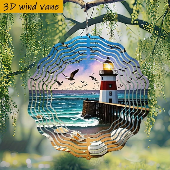 HELLOYOUNG 3D Lighthouse Wind Spinner Outdoor Metal Kinetic Wind Chime, 10in Nautical Flying Seagull Wind Spinner Decoration for Garden Lawn Beach Patio, 360° Rotating Hanging Ornament
