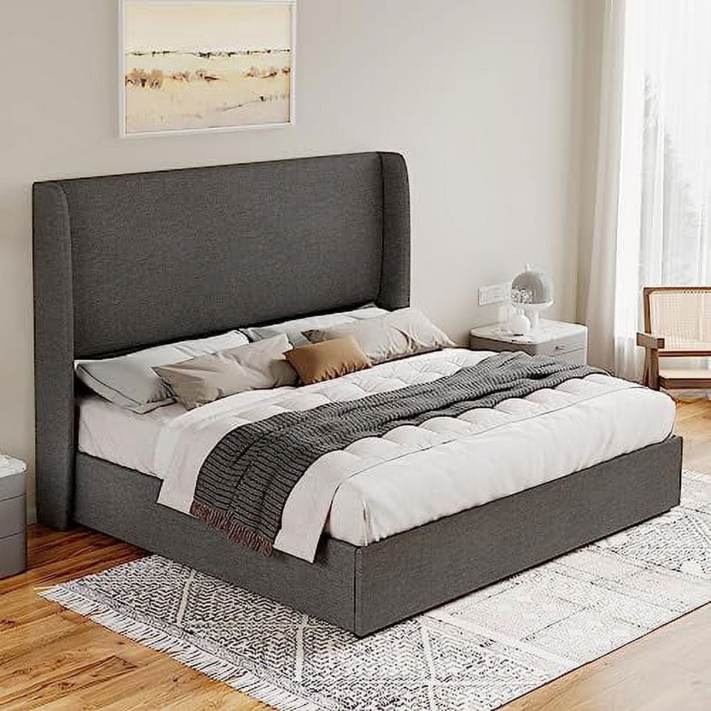 Merluxy Queen Bed Frame with Lift Up Storage,Linen Upholstered Platform Bed/ Wingback Headboard/No Box Spring Needed/Dark gray