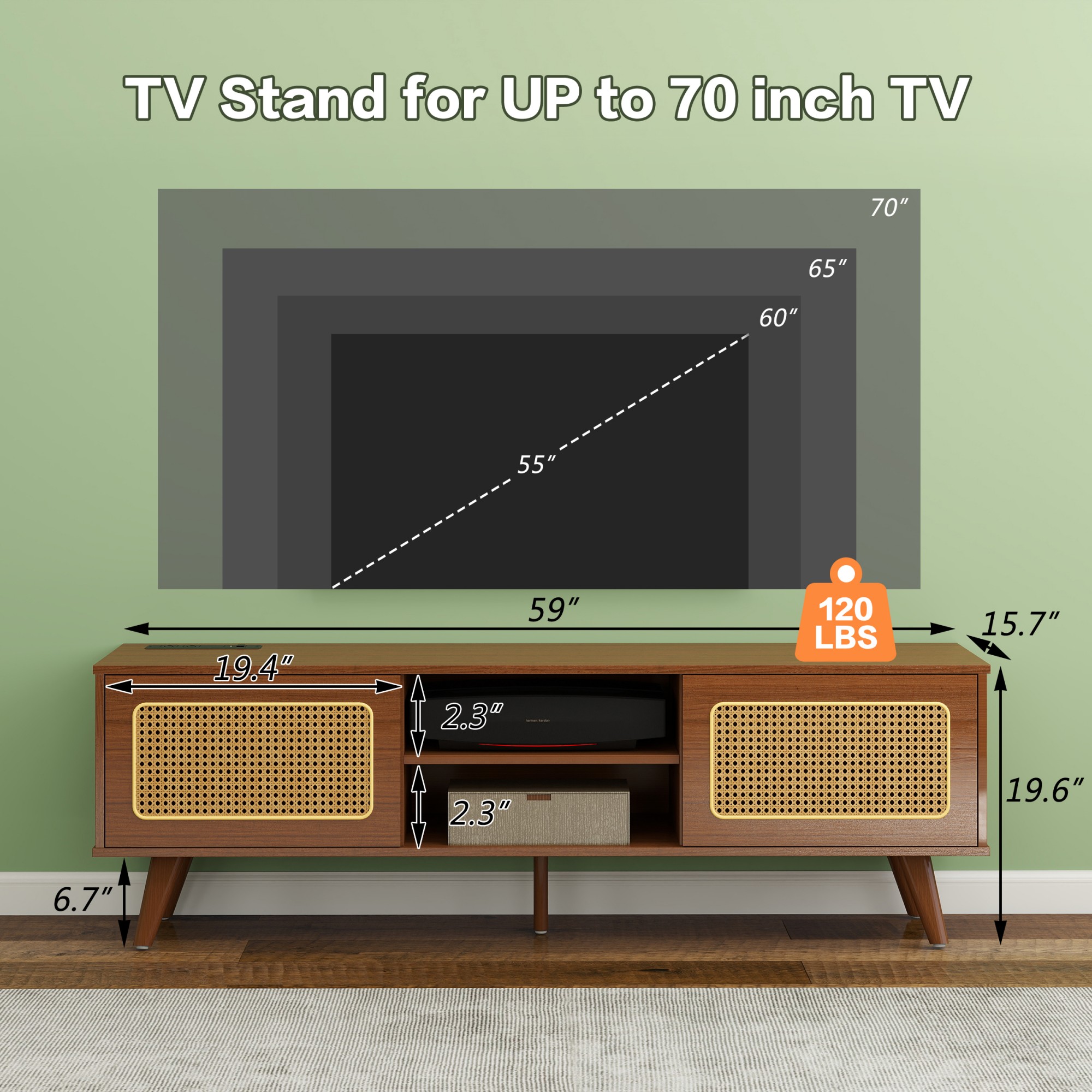 TV Stand for TVs up to 65",Modern Rattan Entertainment Cabinet Media Console for Living Room Bedroom,Black Brown