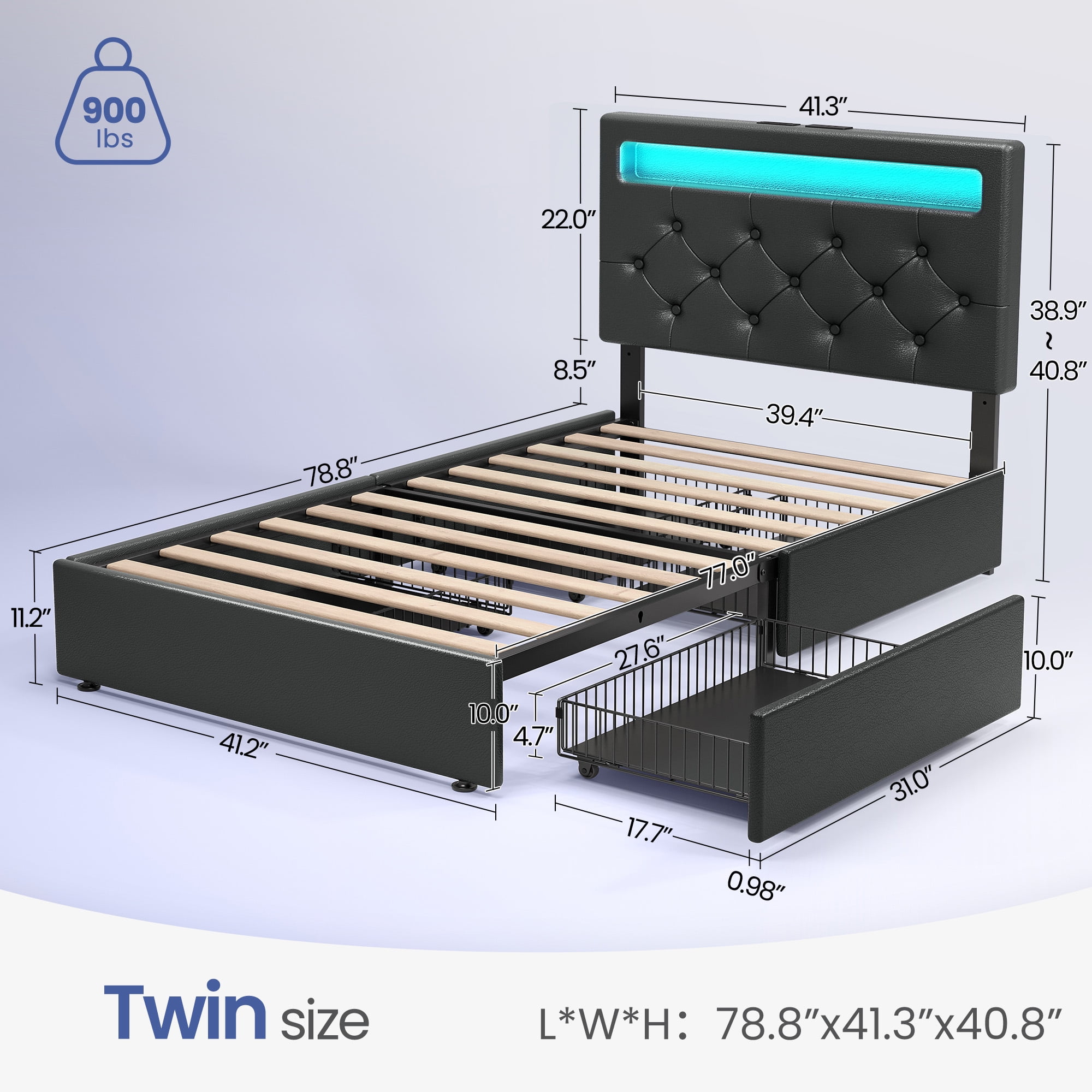 Greenstell Twin Bed Frame with 4 Drawers, Upholstered Platform Bed with LED Adjustable Storage headboard & Charging Station, Black
