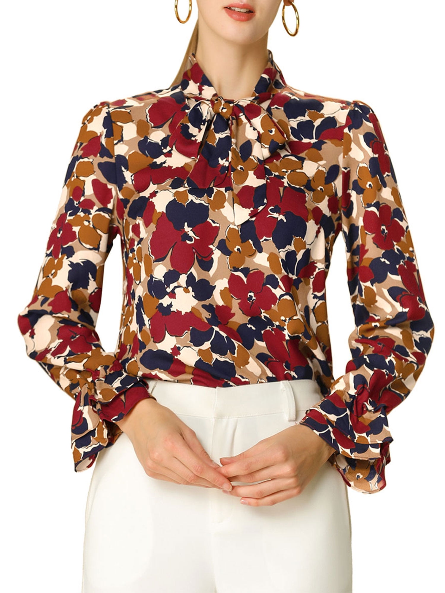 DARING DIVA Women's Tie V Neck Floral Shirt Trumpet Blouse L Red