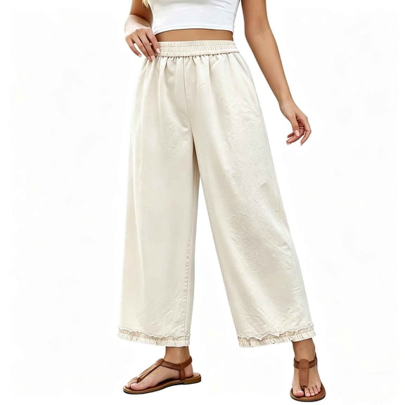 hlysgo Womens Casual Palazzo Pants Ruffle Wide Leg Cropped Flowy Comfort Loose Summer Beach Trousers with Pockets Beige,M