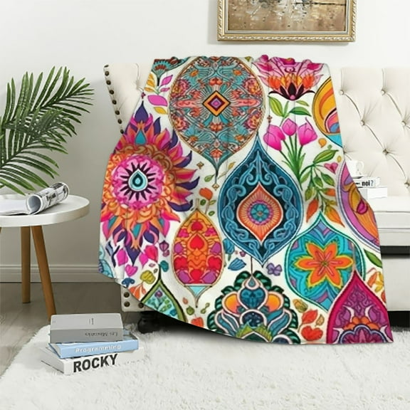 HENGT Boho Colorful Blanket Morrocan Chic Mandala Paisley Blanket Soft Plush and Fuzzy Pink Teal Blue Green Yellow Bohemian Patchwork Blanket for Couch Sofa Bed