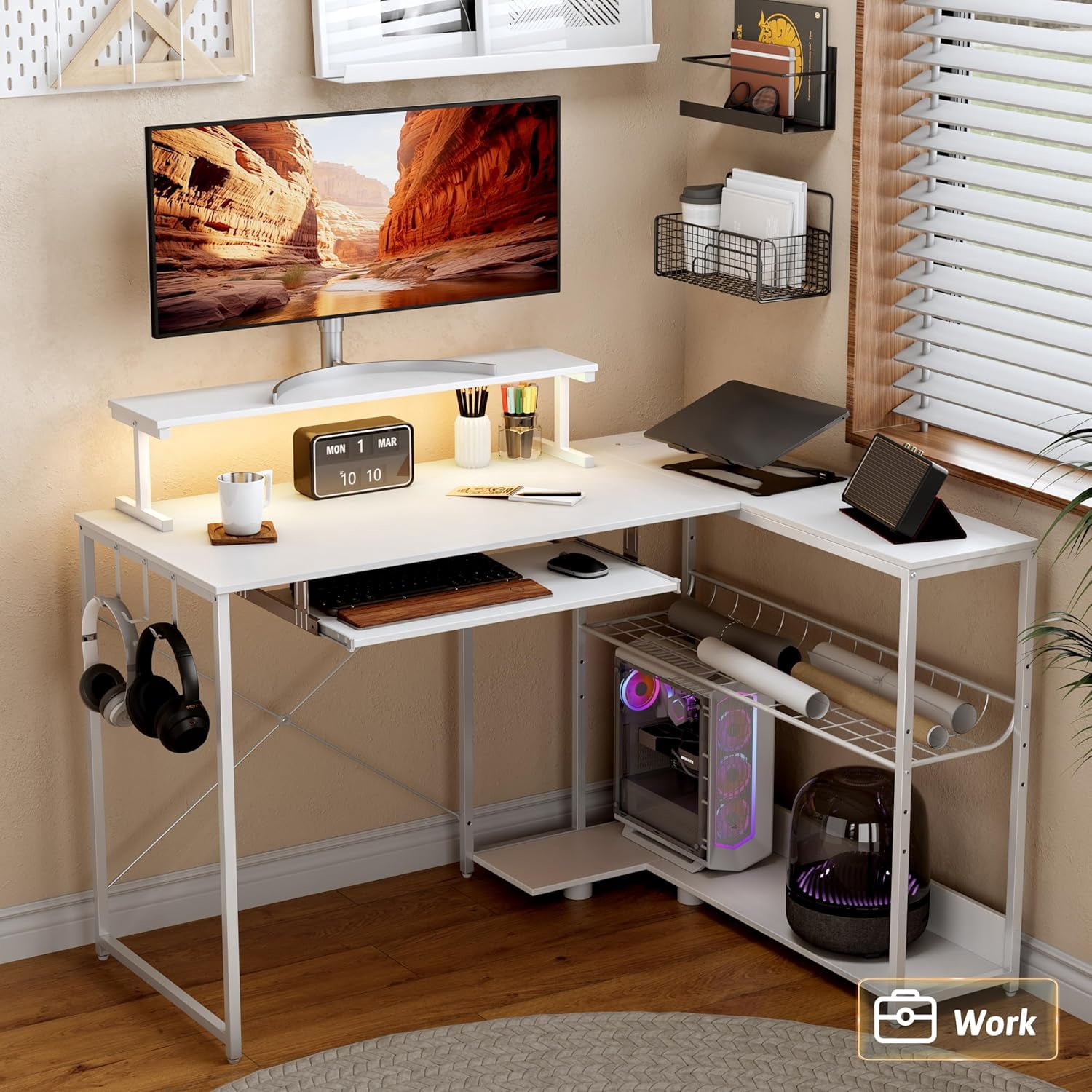 FANRAL L Shaped Computer Gaming Desk with Monitor Stand,LED Light & USB Power Outlet,Reversible Shelves Corner Desk with Keyboard Tray for Home Office Study,White Computer Desk