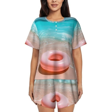 Cauagu Pink Float Ring On Beach for Women s Round Neck Pajama Set Short-Sleeved Pajamas Soft Sleepwear Set Summer Pajamas Set Lounge Sets 2-Piece Pj-Large