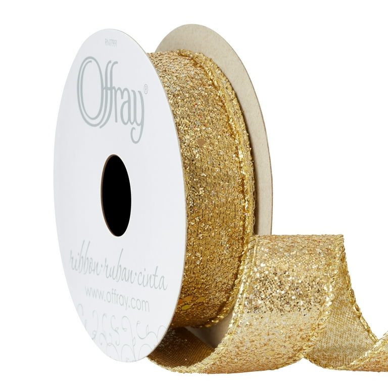 Offray Ribbon, Gold 7/8 inch Wired Edge Metallic Ribbon, 9