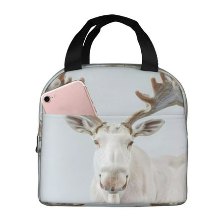 Insulated Lunch Bag for Women Men - White Reindeer Portrait Leakproof Cooler Lunch Box for Women Men  Lunch Tote Bags for Work School Picnic Travel