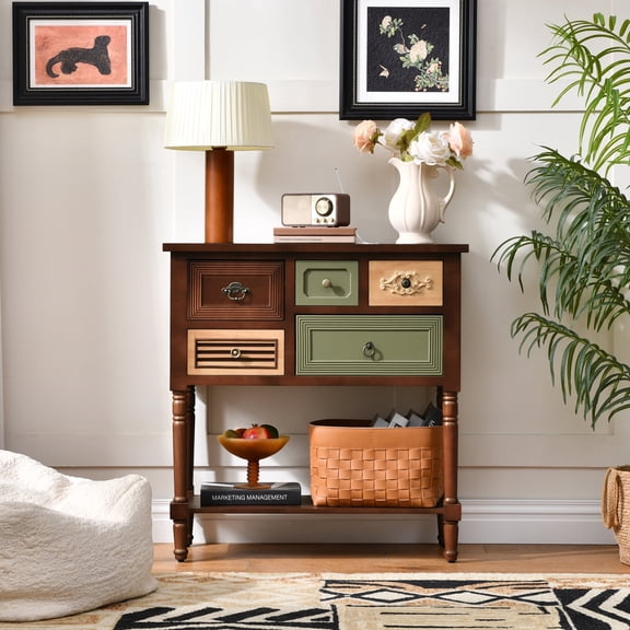 Ahokua Vintage Console Table with Multi-Design Drawers, Open Shelf, Decorative Storage for Entryway and Living Room